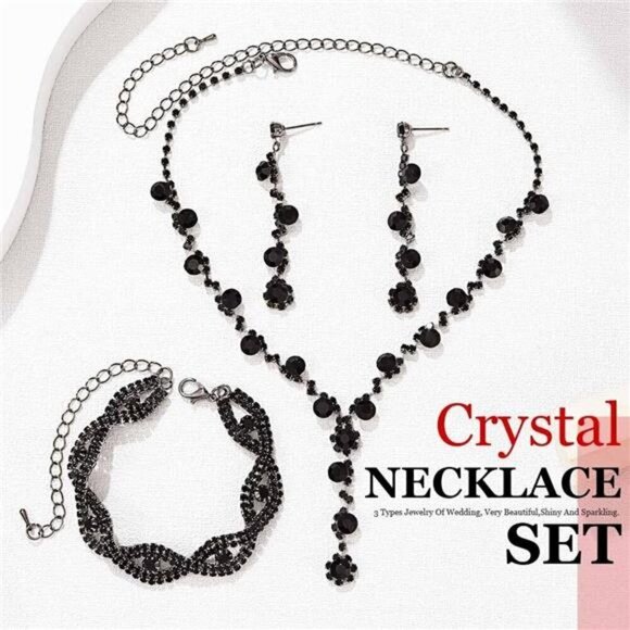 3 Piece Rhinestone Jewelry Set Black Necklace Bracelet and Earrings Wedding - Picture 3 of 6